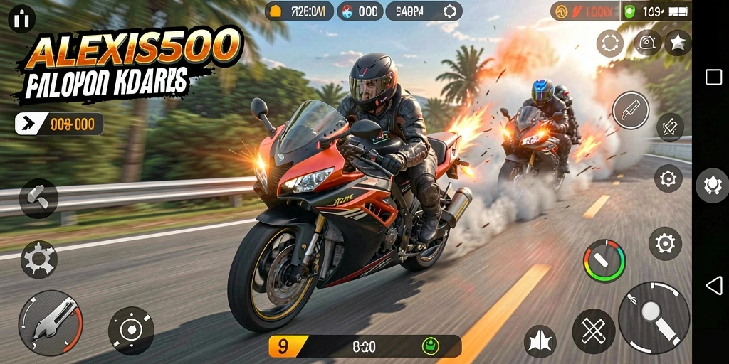 Tampilan gameplay ALEXIS500 yang seru dan mendebarkan saat balapan motor.