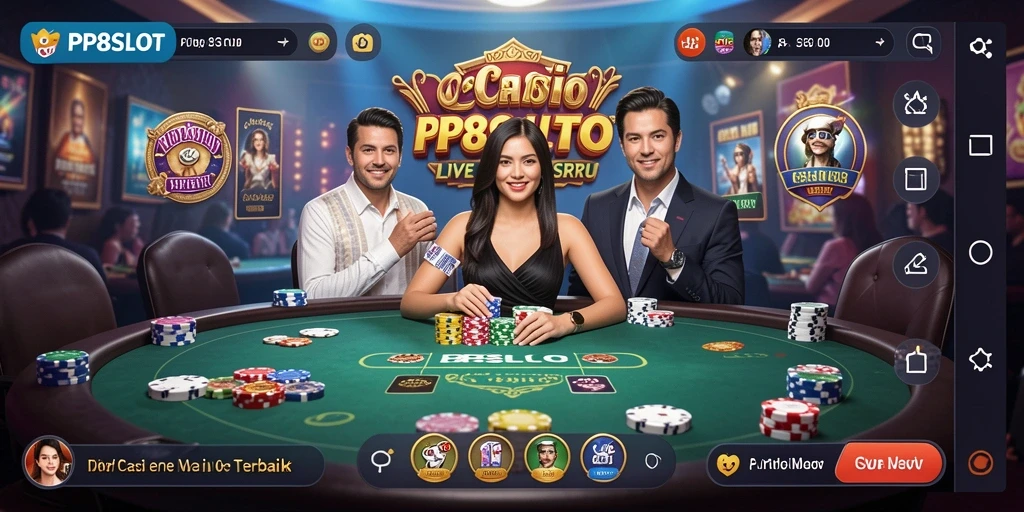 Screenshot menunjukkan dealer live yang berinteraksi dengan pemain dalam permainan kasino.