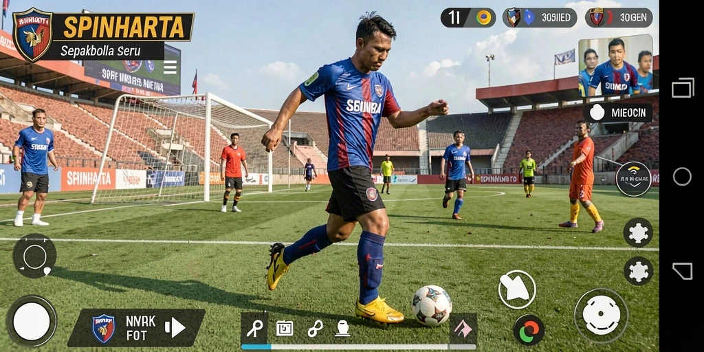 Tampilan gameplay SPINHARTA yang mendebarkan di lapangan sepakbola.